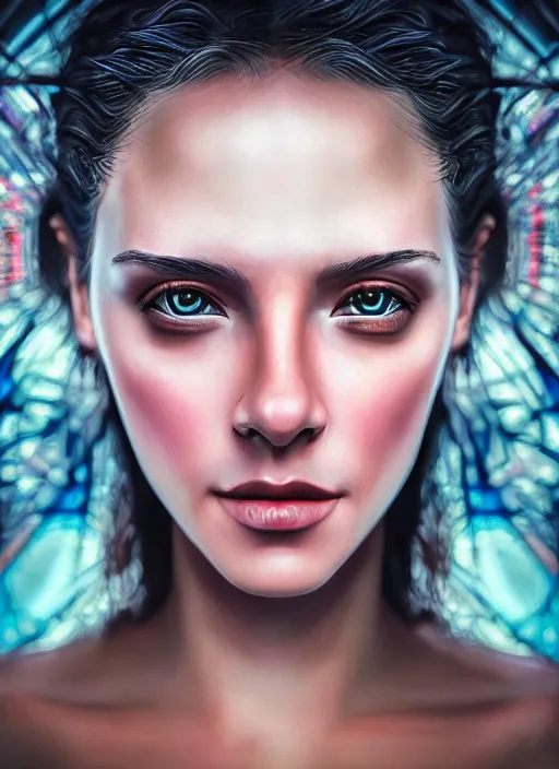 Prompt: photo of a gorgeous young woman in the style of stefan kostic and david la chapelle and david cronenberg, realistic, sharp focus, 8 k high definition, 3 5 mm film photography, photo realistic, insanely detailed, intricate, elegant, art by stanley lau and artgerm