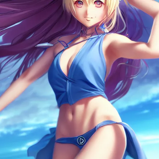 Prompt: a very beautiful young anime jedi girl, full body, long wavy blond hair, sky blue eyes, full round face, evil grin, bikini, miniskirt, front view, mid - shot, highly detailed, cinematic wallpaper by stanley artgerm lau