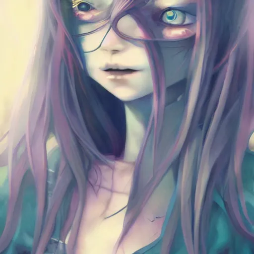 Image similar to urban school zombie girl in tattered clothes fanart, dark blue long hair, muted colors, matte print, pastel colors, ornate, digital art, cute smile, digital painting, fan art, elegant, pixiv, by Ilya Kuvshinov, by Studio Ghibli