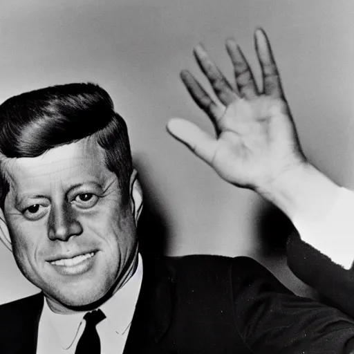 Image similar to jfk with a gen z zoomer haircut curly fade throwing up gang signs