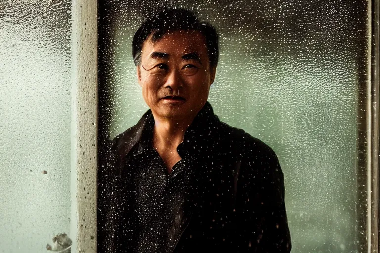 Image similar to a cinematic headshot portrait of a middle aged asian man, through a steamed up window, movie still, ocean background, waves, rain, dramatic lighting, back light, hair light, rim light, 4 k, ultra realistic, by annie leibovitz