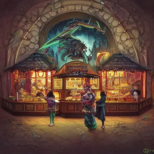 Image similar to “a fantasy fast food restaurant called ‘Goodberry’, based off of Good Burger, fantastical ambience, D&D, fantasy, intricate, cinematic lighting, highly detailed, digital painting, artstation, concept art, smooth, sharp focus, illustration, art by Artgerm and Greg Rutkowski and Alphonse Mucha”