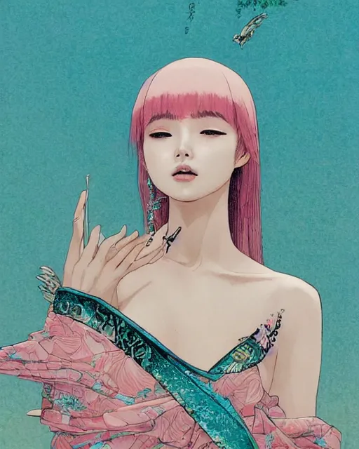 Image similar to lee jin - eun in luxurious dress emerging from pink and turquoise water in egyptian pyramid city during an eclipse by takato yamamoto, nicola samuri, conrad roset, m. k. kaluta, martine johanna, rule of thirds, elegant look, beautiful, chic, face anatomy, cute complexion