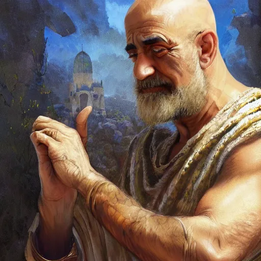 Prompt: A beautiful digital painting of a 60 year old man with middle eastern skin and Biblical clothing, short hair, hairy arms, tunic covering his body, by Stanley Artgerm Lau, frank frazetta, Rossdraws, James Jean, gerald brom, Andrei Riabovitchev, Marc Simonetti, and Sakimichan, trending on artstation, SFW version