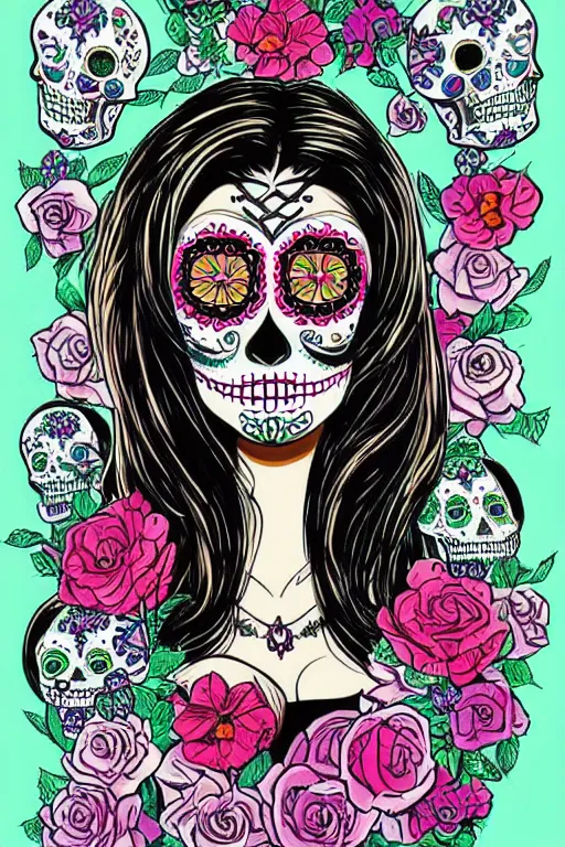 Image similar to illustration of a sugar skull day of the dead girl, art by stephen bliss