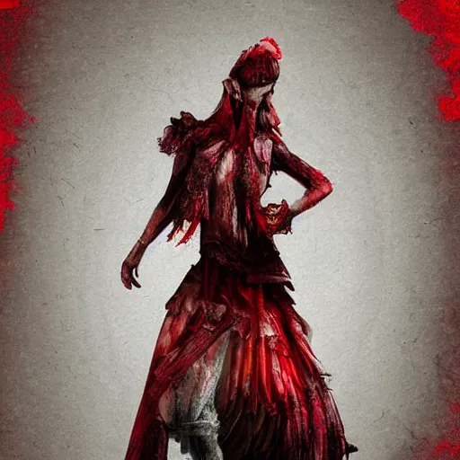 Image similar to detailed half body digital art for a game of a beautiful woman wearing ragged and ruined clothes merged with mushrooms. the background is pure red. dramatic camera angle