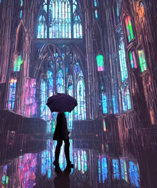 Prompt: a tall brightly lit cyberpunk cathedral with stained glass windows at night, reflection visible in scattered rain puddles, closeup low angle perspective behind a woman with an umbrella who is gazing upward, octane ray tracing, volumetric lighting, trending on artstation