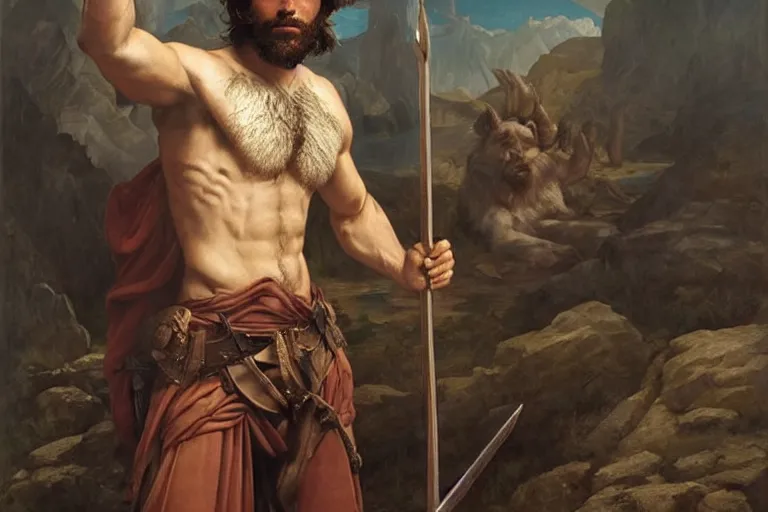 Image similar to renaissance painting full body portrait of a gruff ranger with a spear, lean and toned, handsome face, hairy chest and hairy body, D&D, intricate, elegant, highly detailed, digital painting, artstation, concept art, matte, sharp focus, chiaroscuro, well list, illustration, art by Artgerm and Greg Rutkowski and Alphonse Mucha