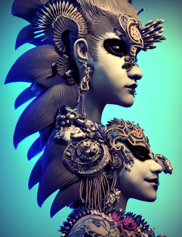 Image similar to 3 d goddess close - up profile portrait punk with mohawk with ram skull. beautiful intricately detailed japanese crow kitsune mask and clasical japanese kimono. betta fish, jellyfish phoenix, bio luminescent, plasma, ice, water, wind, creature, artwork by tooth wu and wlop and beeple and greg rutkowski