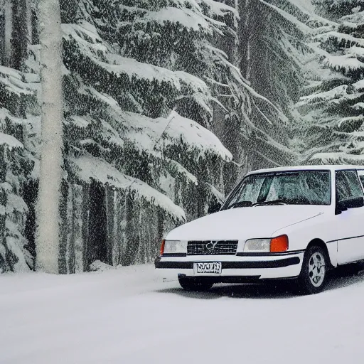 Image similar to vhs footage of a 1 9 9 5 volvo car in a snowy forest