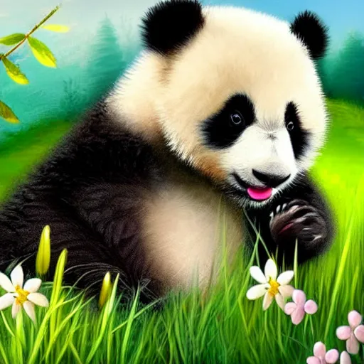 Prompt: cute fluffy baby panda cub sitting in spring meadow landscape with flowers detailed painting 4K