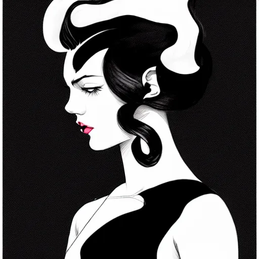 Image similar to black and white silhouette feminine woman portrait - hunter, logo, ink drawing, art by jc leyendecker and sachin teng