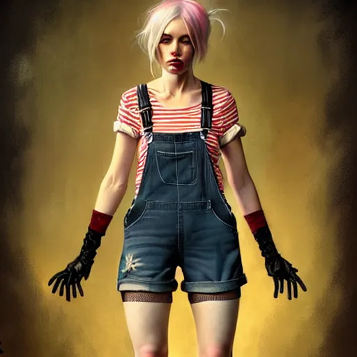 Image similar to full body pose, grungy alice, torn overalls, short shorts, lace gloves, combat boots, fishnets, beautiful, highly detailed face, true anatomy!, extremely detailed!, digital painting, unreal engine 5, art by tom bagshaw