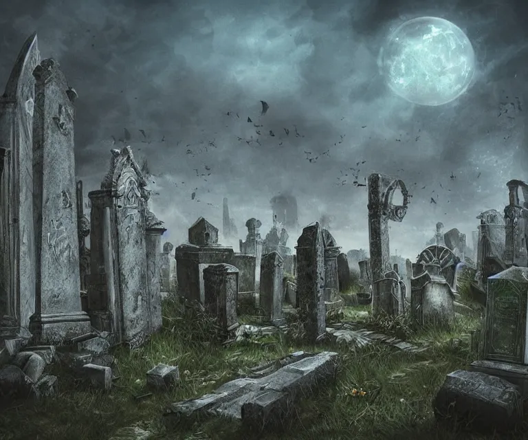 Prompt: a city of tombs and tombstones, graveyard landscape, giant grave structures, giant tomb structures, dark fantasy, digital art, fantasy art