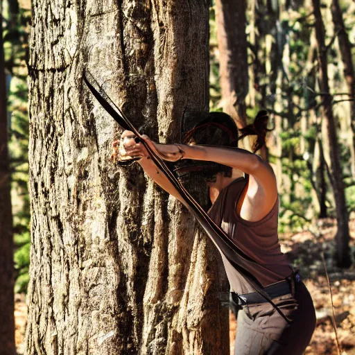 Image similar to a recurve bow made out of pine with a lye string, held by a beautiful woman in the woods hunting a deer