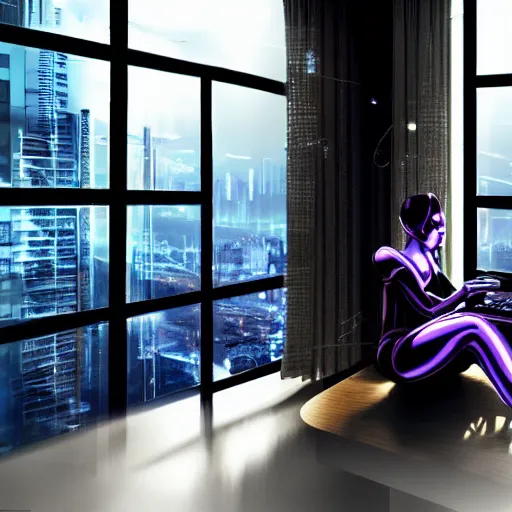 Image similar to cluttered living room wide shot cyberpunk high tech, cool cybernetic girl sitting at table, through the window is a cityscape, dramatic lighting, god rays, music by vangelis