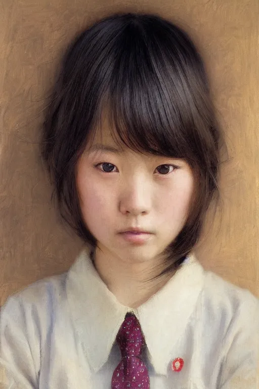 Prompt: japanese schoolgirl by Alyssa Monks, Gaston Bussiere. Bob hairstyle, school uniform, full body, urban dystopia, hyper realism, realistic proportions, artstation, concept art, smooth, sharp focus, illustration