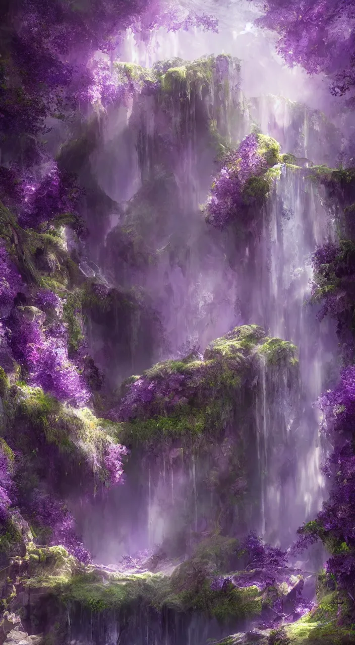 Image similar to a mystical dreamy waterfall cave with amethysts and lilac sunrays, trending on artstation, concept art, matte painting, 8 k