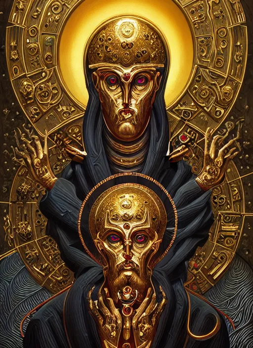 Prompt: hyper detailed ultra sharp orthodox saint icon, biomechanical golden halo, demonic man, trending on artstation, byzantine aesthetic, epic, religious, decadent, ornate, intricate, digital painting, concept art, smooth, sharp focus, illustration, art by josan gonzalez, felix englund, killian eng and zdizslaw beksinski