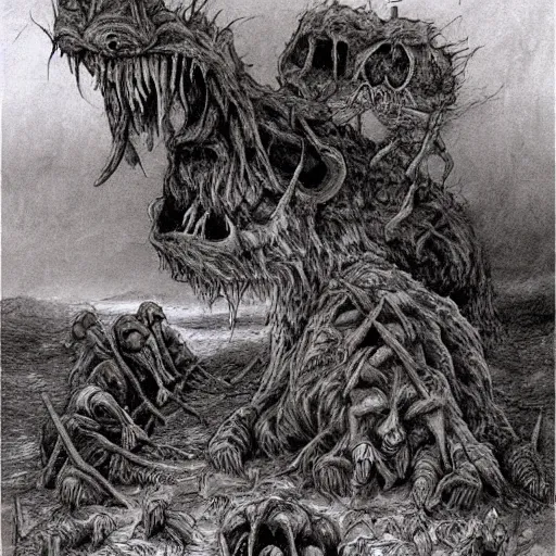 Image similar to evil small furry amphibious mammals with sharp teeth devour hapless villagers, chewing on long bones and dismembered human limbs in a red brown swamp. the river runs red. horrified villagers flee in terror. grimdark. wicca, fae, pagan, norse and keltic mythology. by beksinski and rhads in the style of ninja scroll.