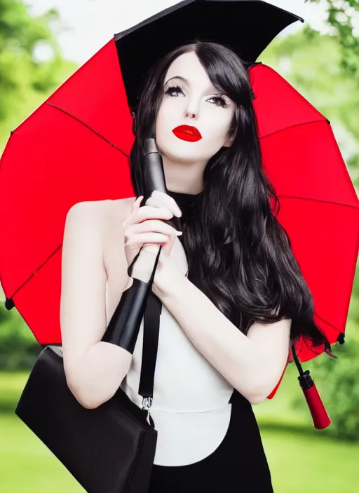 Image similar to a beautiful white pale skin girl, full body, black dress, vibrent red lipstick, a black hat, black umbrella