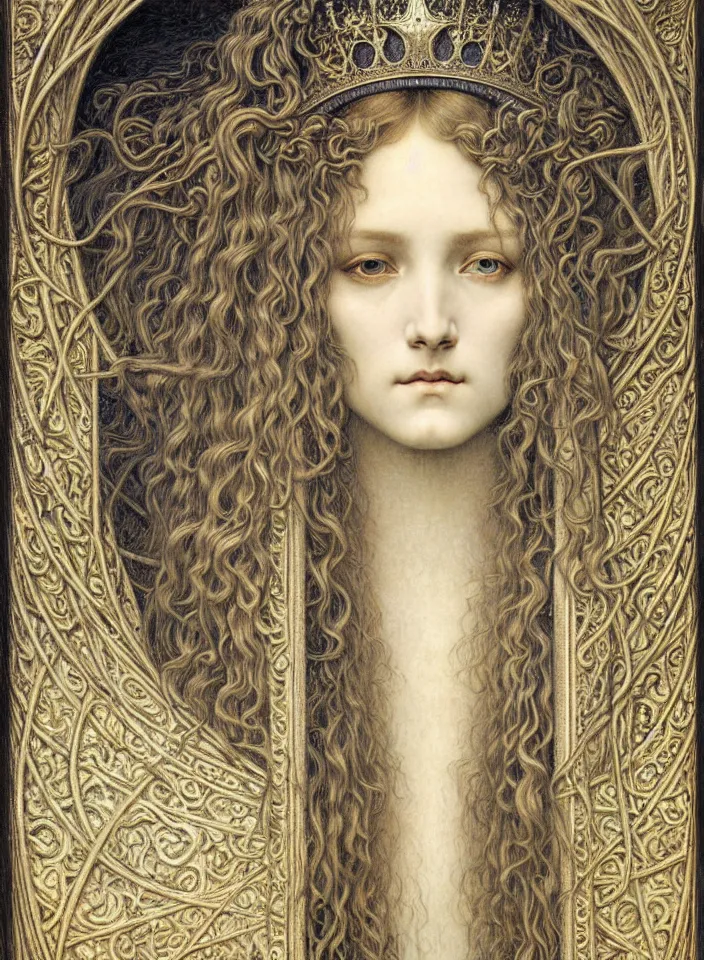 Image similar to detailed realistic beautiful young medieval queen face portrait by jean delville, gustave dore and marco mazzoni, art nouveau, symbolist, visionary, gothic, pre - raphaelite. horizontal symmetry