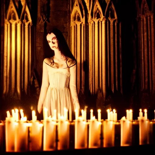 Image similar to a photograph of a beautiful gothic girl inside a dark gothic cathedral illuminated by candles, impressive scene. grainy and rough. soft colour scheme.