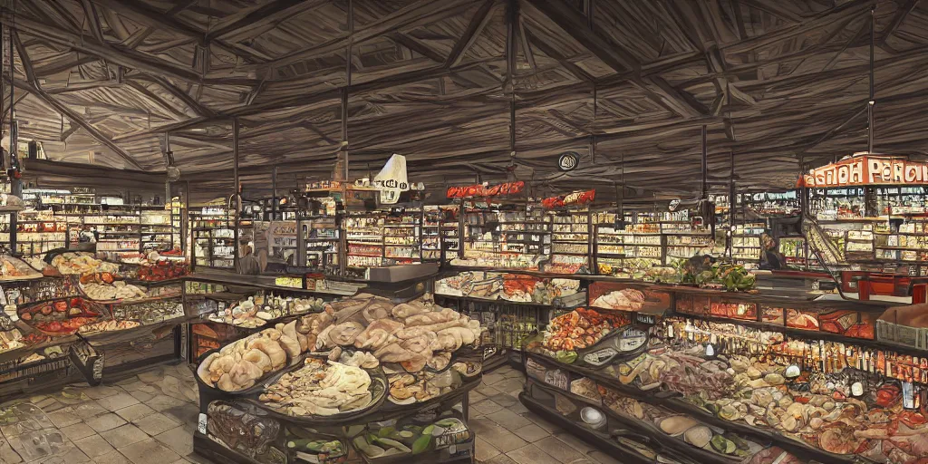 Image similar to deep 3 point perspective, seafood supermarket Inside the three-story gothic museum, dramatic lighting, photorealistic, wolumetric lighting, high detail, cinematic feel, wideshot, high octane, 4K, Unreal Engine, digital render, intricate, ultra realistic