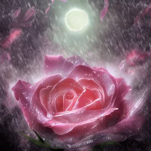 Prompt: the riven rose blooms under the rain of smoldering burning ashes in the world of chaos