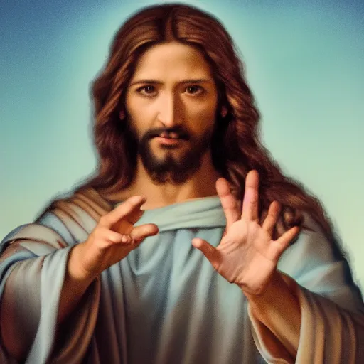 Prompt: uhd real 8 k photo of jesus flipping people off, digital art, portrait, portrait concept art, special effects, finely detailed, studio lighting, correct details, correct face, real jesus