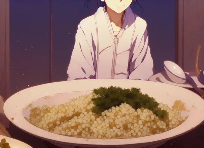 Image similar to a film still portrait of a tunisian couscous, finely detailed features, closeup at the food, perfect art, at a dinner table, gapmoe yandere grimdark, trending on pixiv fanbox, painted by greg rutkowski makoto shinkai takashi takeuchi studio ghibli, akihiko yoshida