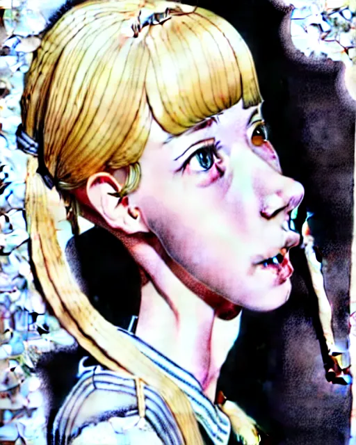 Prompt: depicting a young mischievous female prep school student with medium length bright blonde hair and pale skin, in an old study room smoking her dad's cigarettes, complex artistic color ink pen sketch illustration, subtle detailing, illustrated by Artgerm and Range Murata.