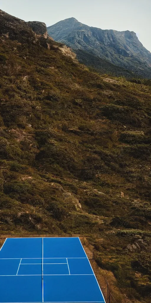 Image similar to Tennis court between mountains and sea. the style of National Geographic magazine