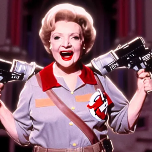 Image similar to stunning awe inspiring betty white as a ghostbuster in the movie ghostbusters, movie still 8 k hdr atmospheric lighting