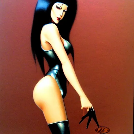 Image similar to woman with black hair in knee high leather boot, latex 1 9 8 0's art, airbrush style, art by hajime sorayama,, intricate, elegant, sharp focus, illustration, highly detailed, h 6 4 0