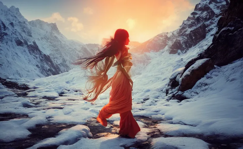 Prompt: Himalayan woman walking barefoot in the snow, beautiful flowing fabric, sunset, dramatic angle, cold, lost, hopeless, dynamic pose, 8k hdr pixiv dslr photo by Makoto Shinkai ilya kuvshinov and Wojtek Fus