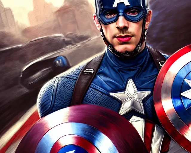 Prompt: photography of captain america driving a sports car, deep focus, d & d, fantasy, intricate, elegant, highly detailed, digital painting, artstation, concept art, matte, sharp focus, illustration, hearthstone, art by artgerm and greg rutkowski and alphonse mucha