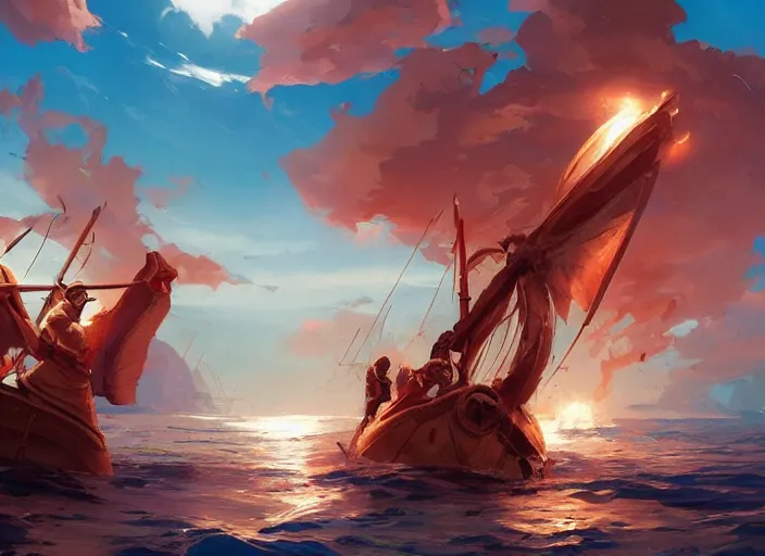 Image similar to cover concept art of a medieval battles in the sea, volumetric lighting, official fanart behance hd artstation by Jesper Ejsing, by RHADS, Makoto Shinkai and Lois van baarle, ilya kuvshinov, rossdraws