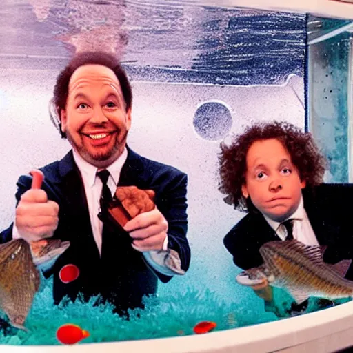 Image similar to penn and teller swimming in a fish tank together