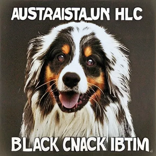 Prompt: australian shepherd on the album cover of a black metal band