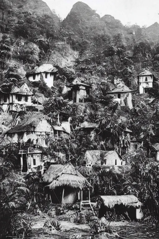 Prompt: alien village, jungle, black and white photography, year 1 9 0 0