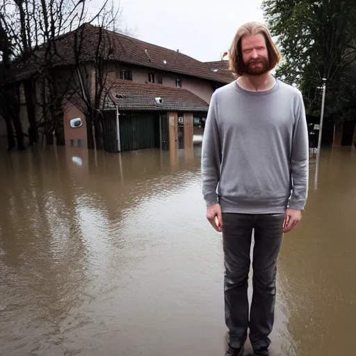 Image similar to Aphex Twin standing in front of a flooded german town