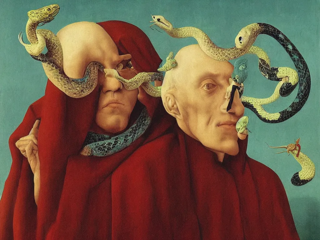 Image similar to Portrait of albino mystic with blue eyes, with exotic beautiful snake. Painting by Jan van Eyck, Audubon, Rene Magritte, Agnes Pelton, Max Ernst, Walton Ford