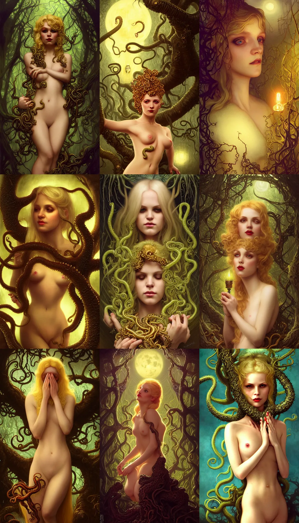 Prompt: close macro shot portrait small blonde in golden cocktail dress hands pray, scared, on arkham horror background at night, evil fluid, lush plants, insane, giant tentacles, lovecraft, full bloody moon, light rays, gnarly trees by tom bagshaw, mucha, gaston bussiere, craig mullins, j. c. leyendecker 8 k