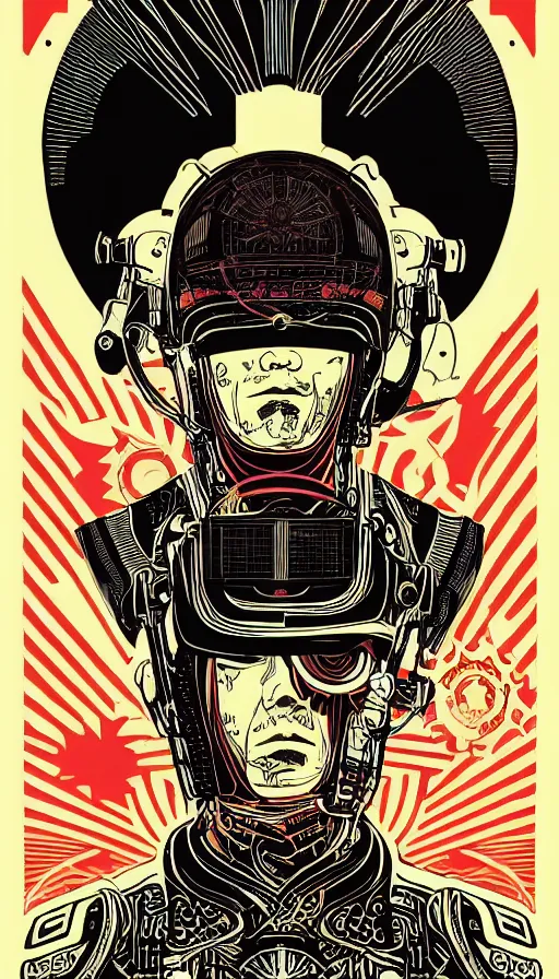 Image similar to !dream Illustrated by Shepard Fairey and H.R. Geiger | Cyberpunk Samurai with VR helmet, surrounded by cables