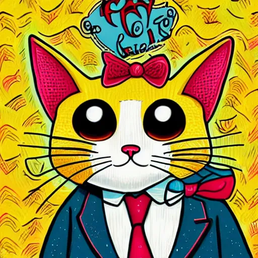 Image similar to colorful illustration of funny cat in the yellow tuxedo and red tie by jeremiah ketner and dan mumford