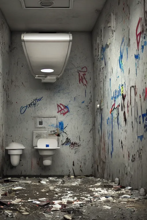Prompt: interior of public restroom with multiple cabins, after a war battle, bullet holes, shells, graffiti on walls, broken tiles, broken lightbulbs toilets with scratches, roaches, mess, toilet paper everywhere, low camera angle, pixar disney 4 k 3 d render animation movie oscar winning trending on artststion and behance. oscar award winning.