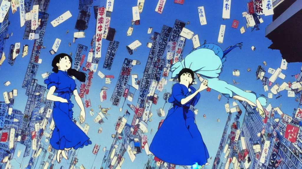 Image similar to a woman wearing a blue dress and wearing a blue bird mask falling from a building in Tokyo, anime film still from the an anime directed by Katsuhiro Otomo with art direction by Salvador Dalí, wide lens