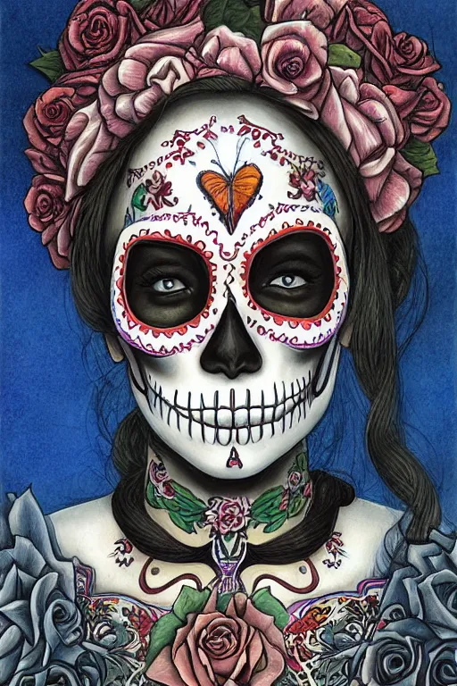 Image similar to Illustration of a sugar skull day of the dead girl, art by John Howe