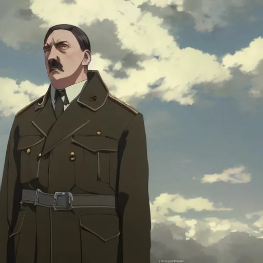 Image similar to a film still portrait of hitler, medium shot, finely detailed features, cinematic lighting, anime key visual, trending on pixiv fanbox, painted by makoto shinkai, studio ghibli, greg rutkowski, wlop